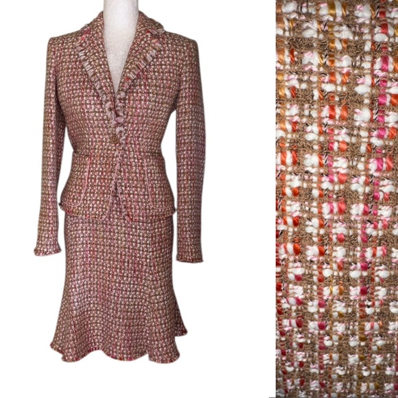 Anne Klein Vintage Tweed Fringe Blazer & Skirt 2 Piece Matching Set / Suit - 2